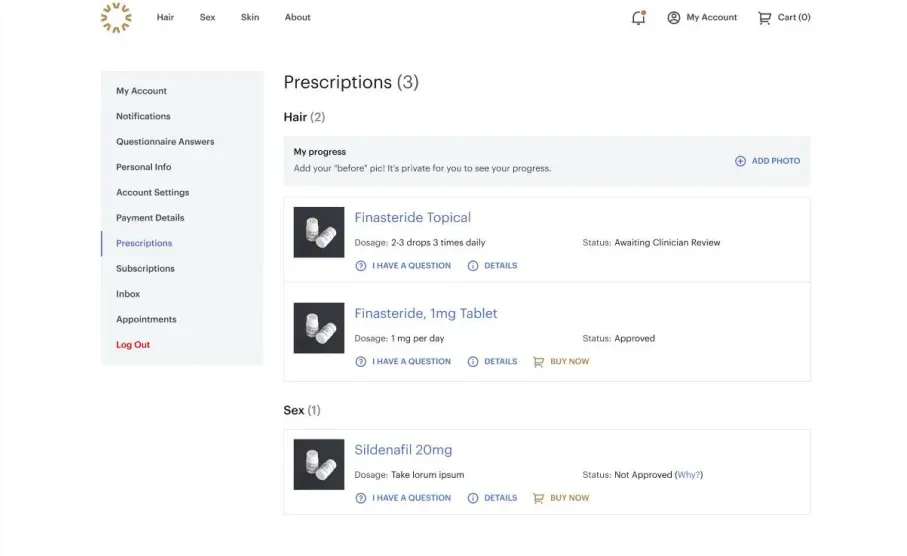 A prescriptions page listing three medicines, each with a dosage and an approval status.