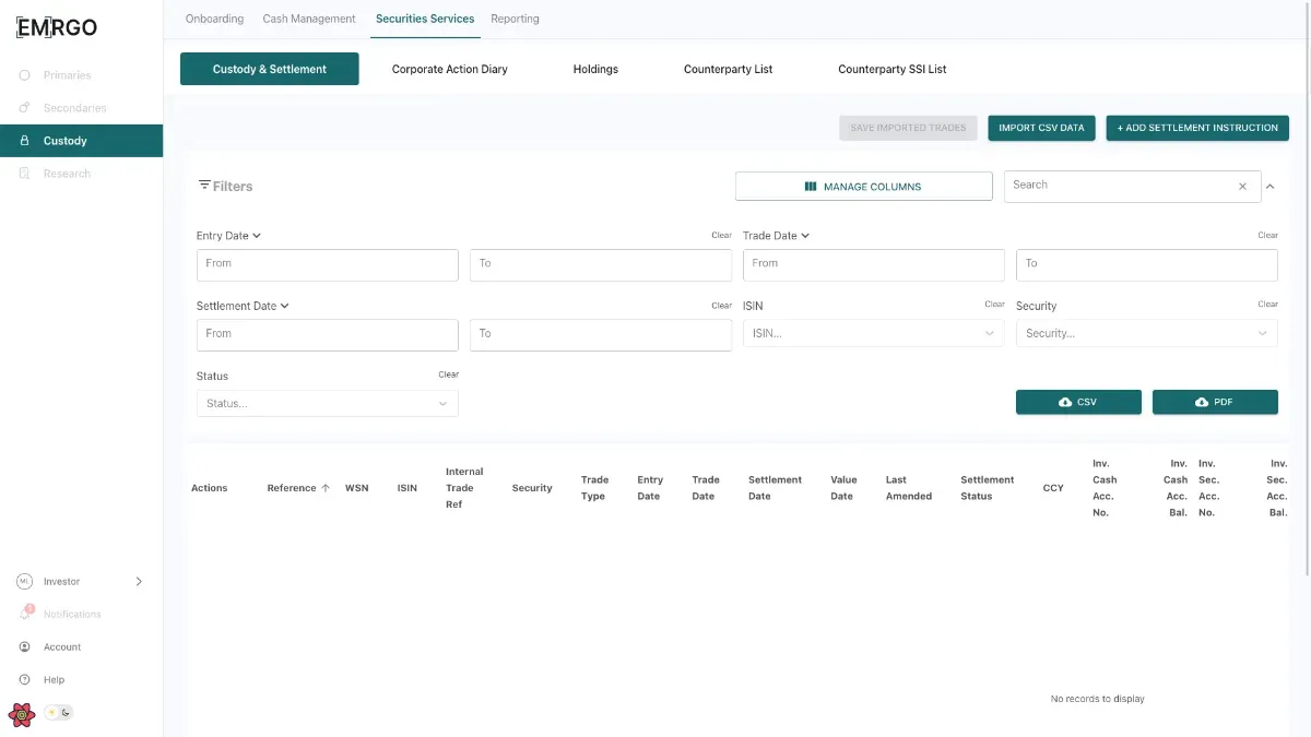A platform screen with date filters, import and add buttons, and an empty trades table.