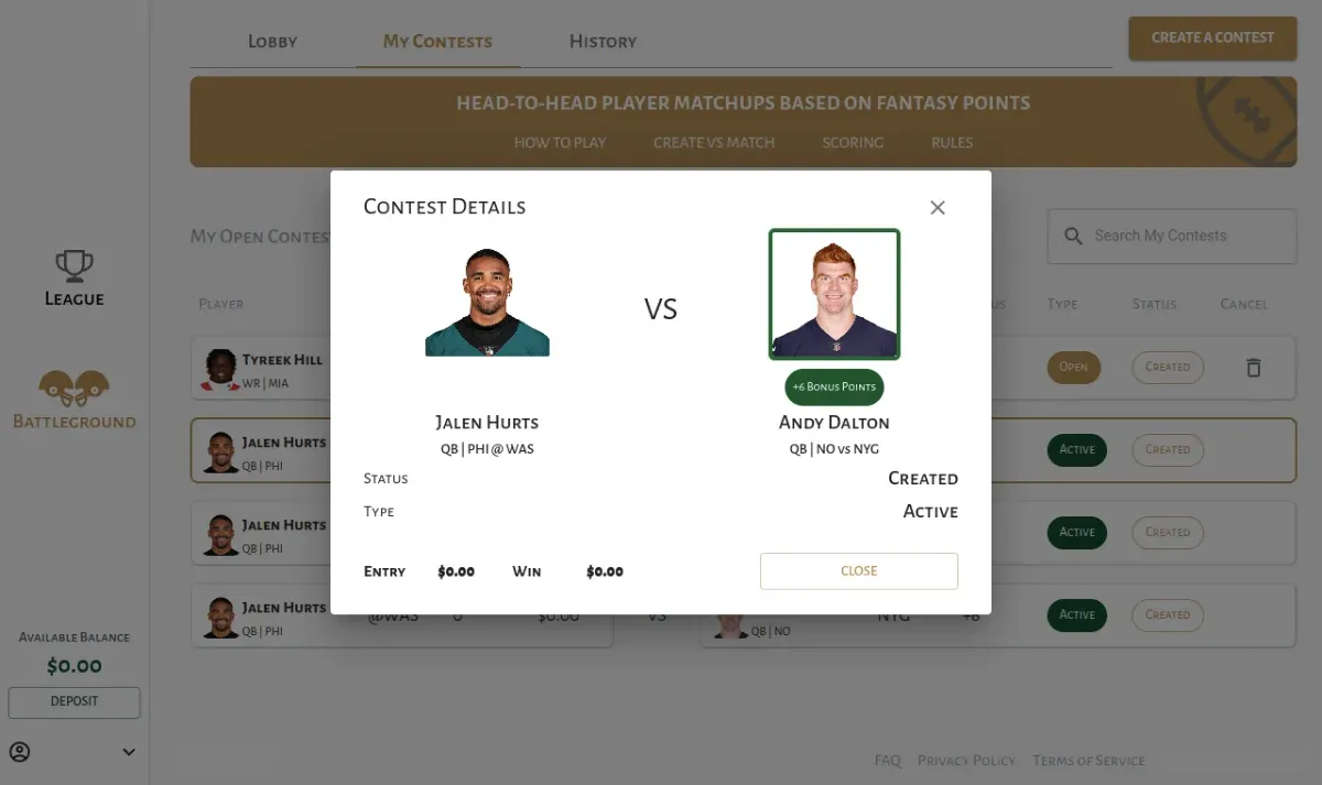 A fantasy football contest screen with a Contest Details window comparing two quarterbacks head to head.
