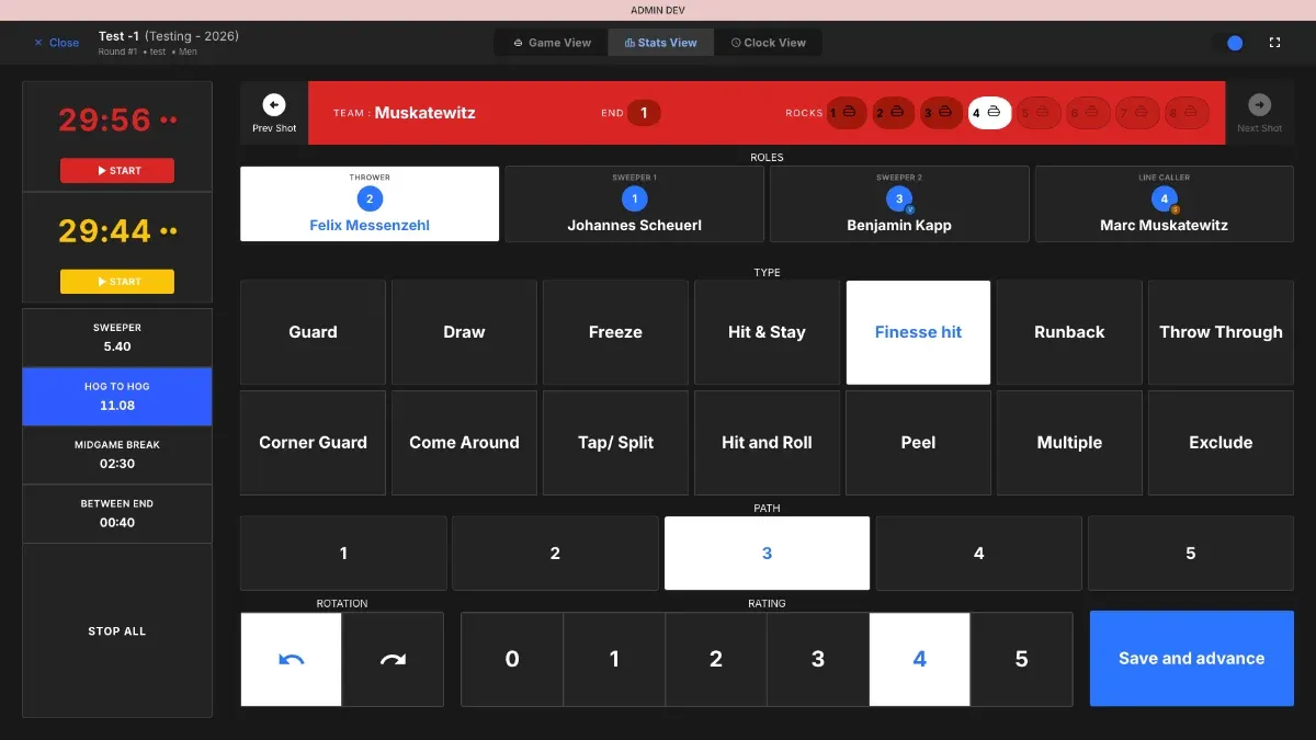 A dark curling stats screen with two match clocks, four player roles and large buttons for shot type, path and rating.