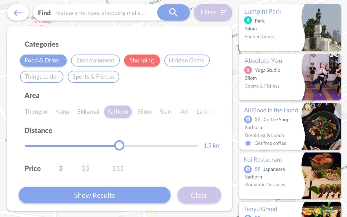 A map search screen with category chips, a distance slider and a list of places, including a park and a yoga studio.