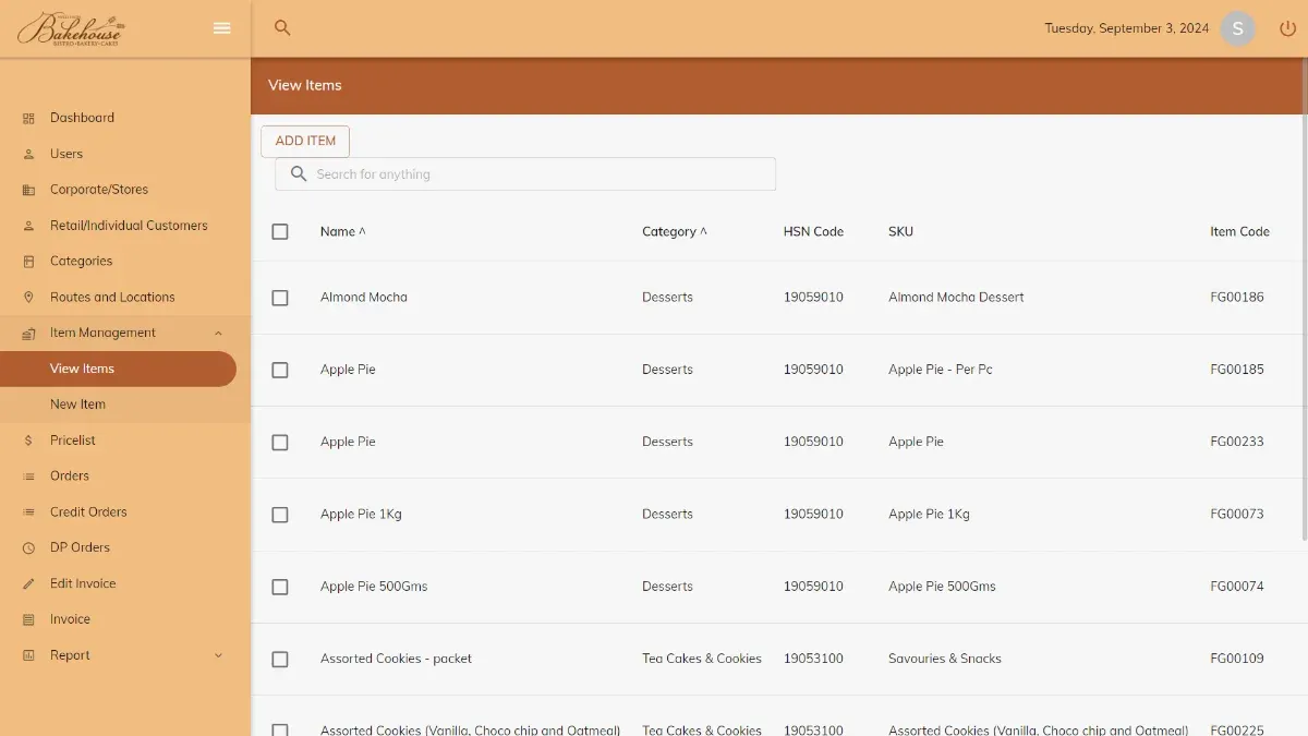 An admin screen for a bakery, with a side menu and a table of items such as apple pie and cookies with codes.