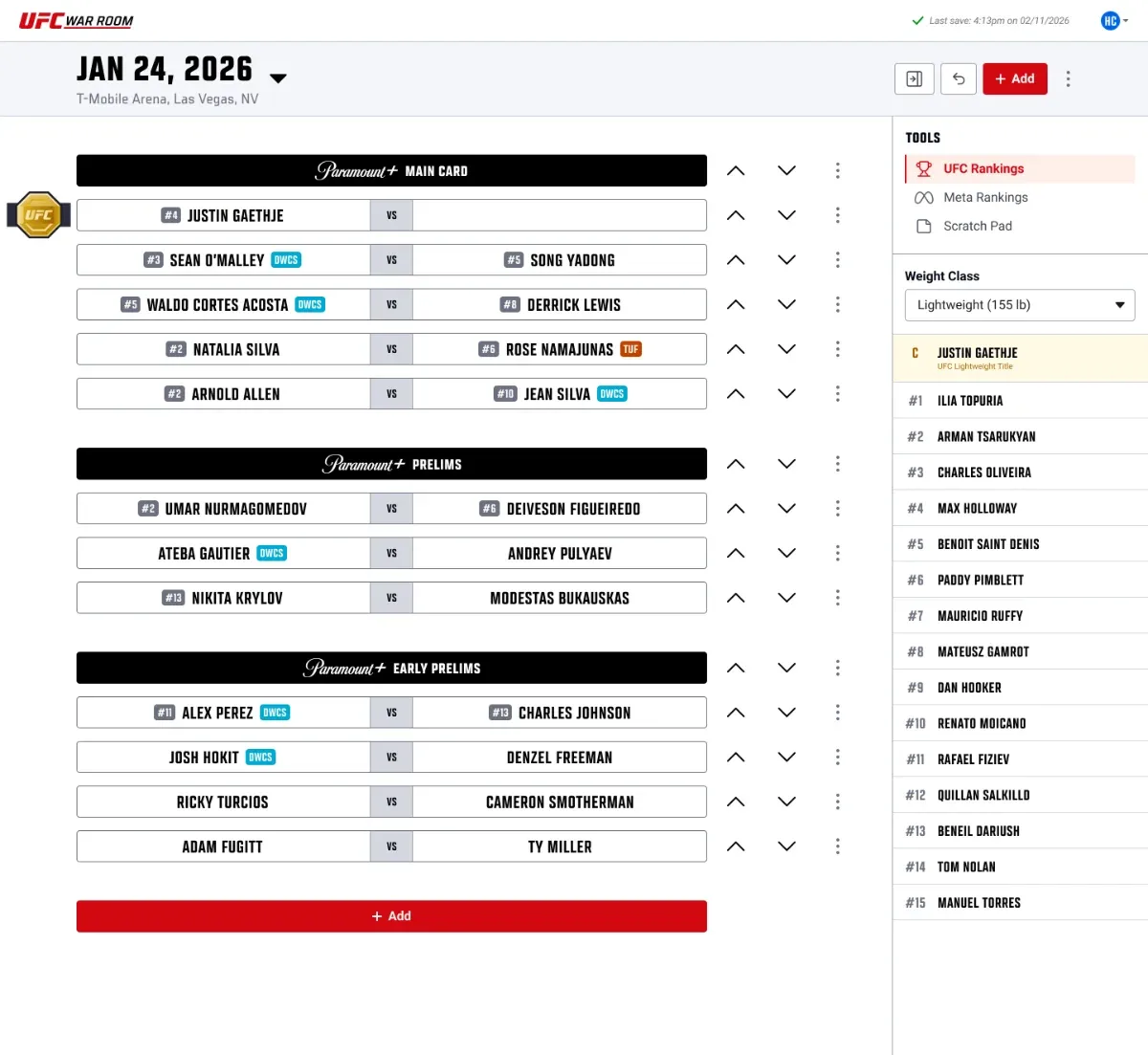 A fight card planner for a January 2026 event, listing main card, prelims and early prelims bouts beside a rankings list.